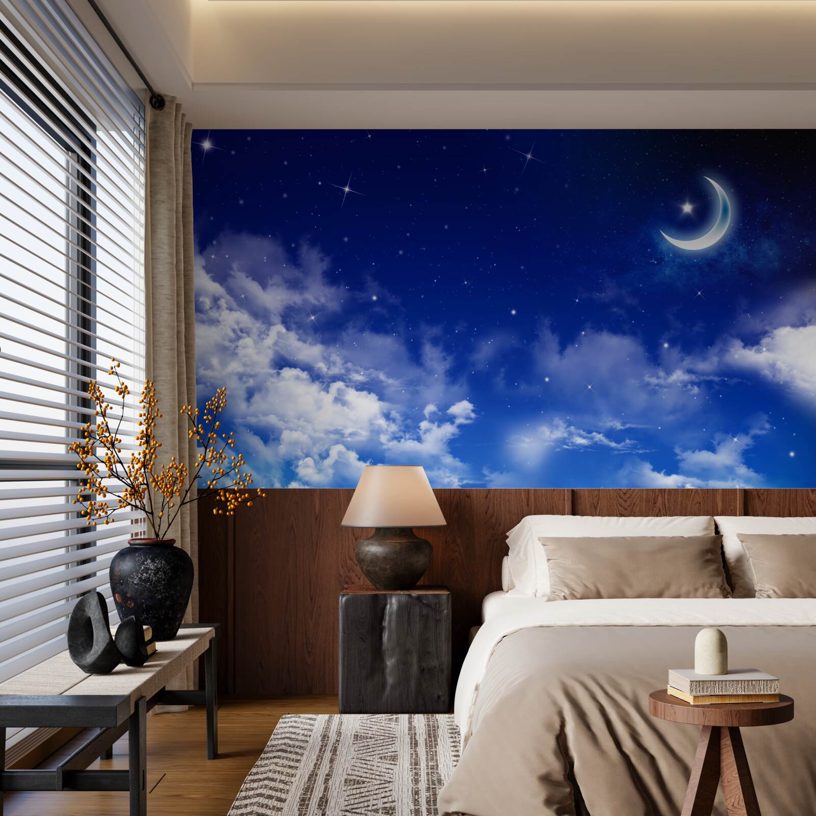 Carta da parati notte sotto la luna e le stelle scintillanti