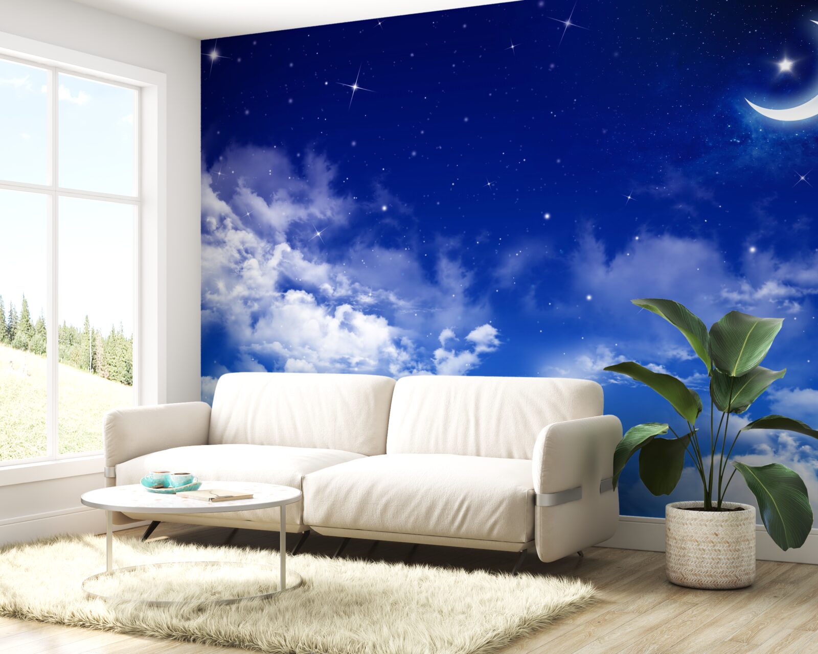 Carta da parati notte sotto la luna e le stelle scintillanti
