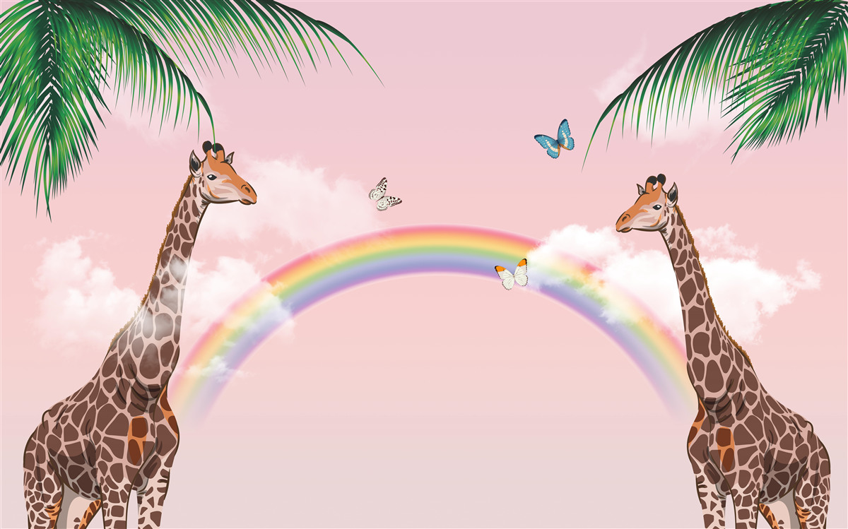Carta da parati due giraffe che guardano l'arcobaleno