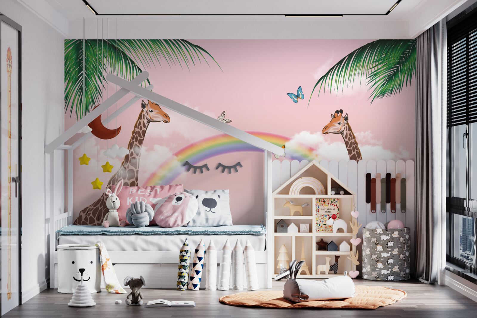 Carta da parati due giraffe che guardano l'arcobaleno