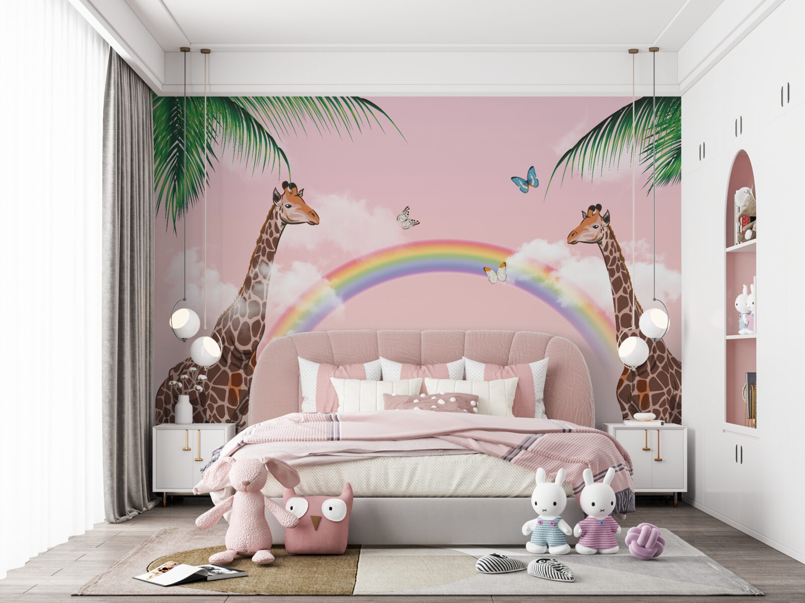Carta da parati due giraffe che guardano l'arcobaleno