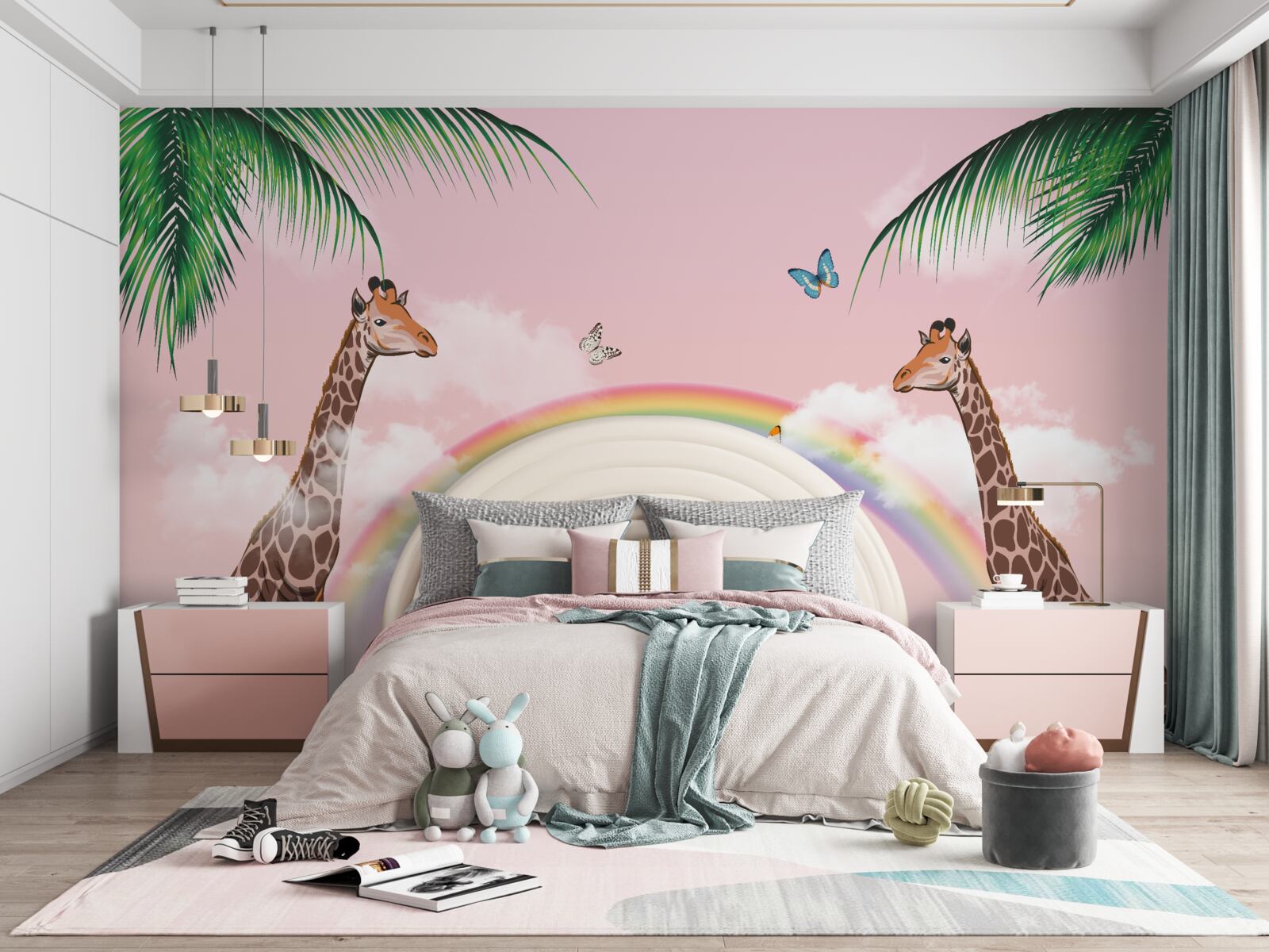Carta da parati due giraffe che guardano l'arcobaleno