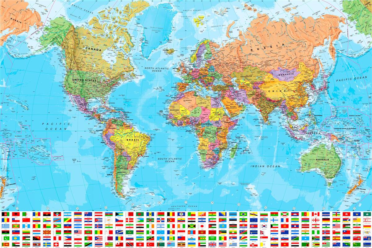 Carta da parati mappa del mondo che mostra le bandiere dei Paesi