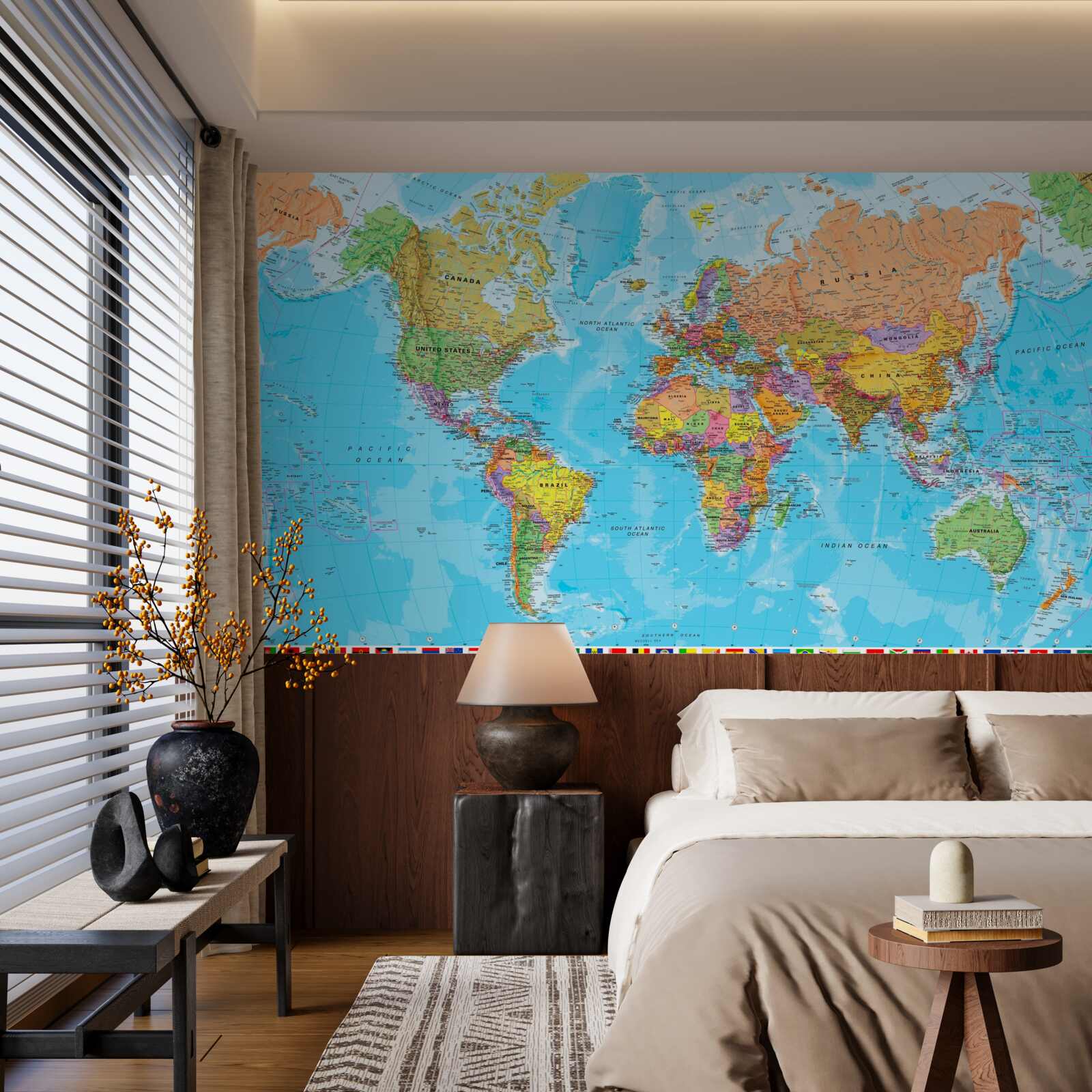 Carta da parati mappa del mondo che mostra le bandiere dei Paesi