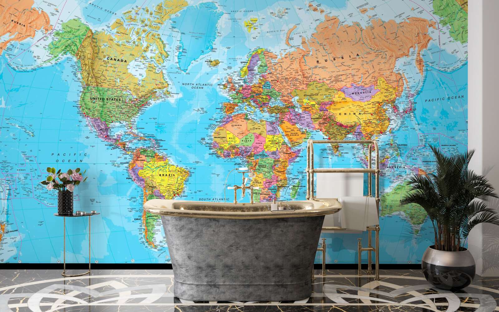 Carta da parati mappa del mondo che mostra le bandiere dei Paesi