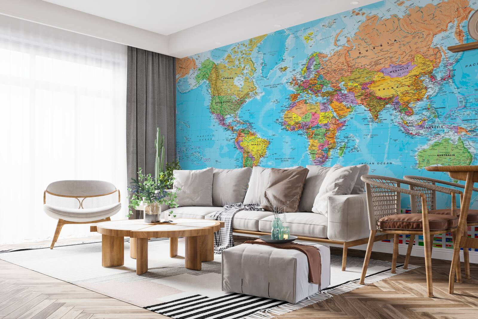 Carta da parati mappa del mondo che mostra le bandiere dei Paesi