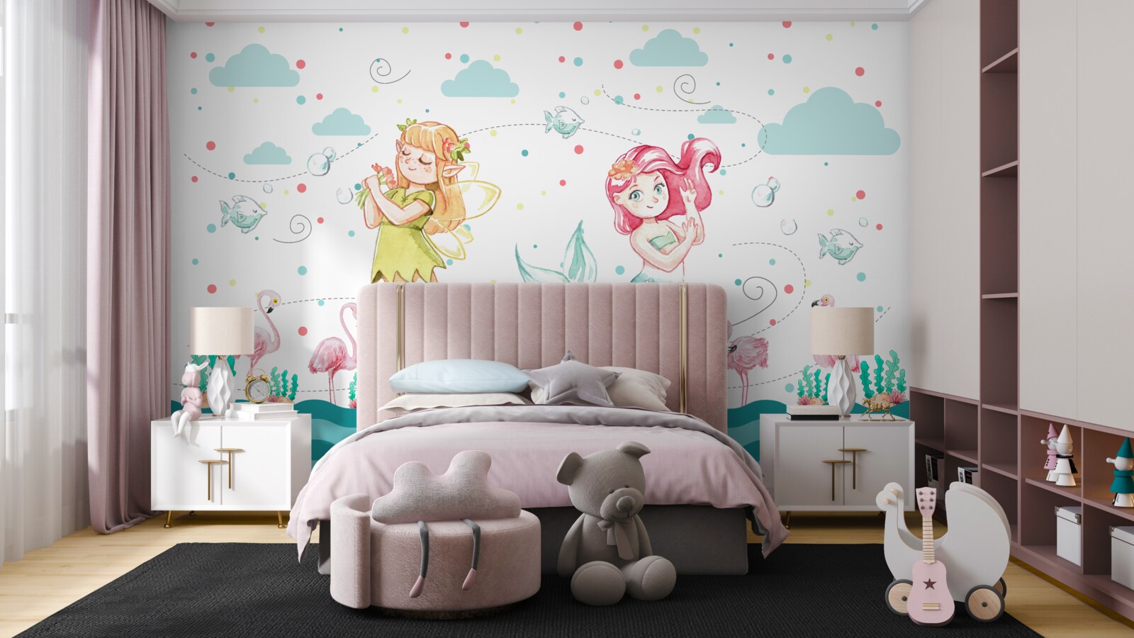 Carta da parati vicino all'acqua ci sono malve e un albero delle sirene