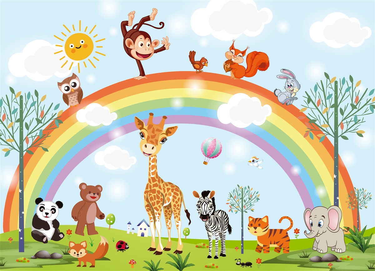 Carta da parati gli animali si divertono a guardare l'arcobaleno