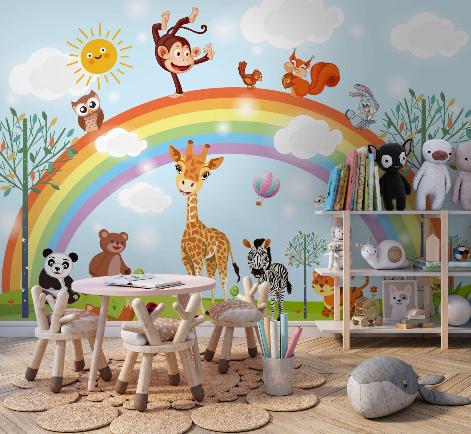 Carta da parati gli animali si divertono a guardare l'arcobaleno