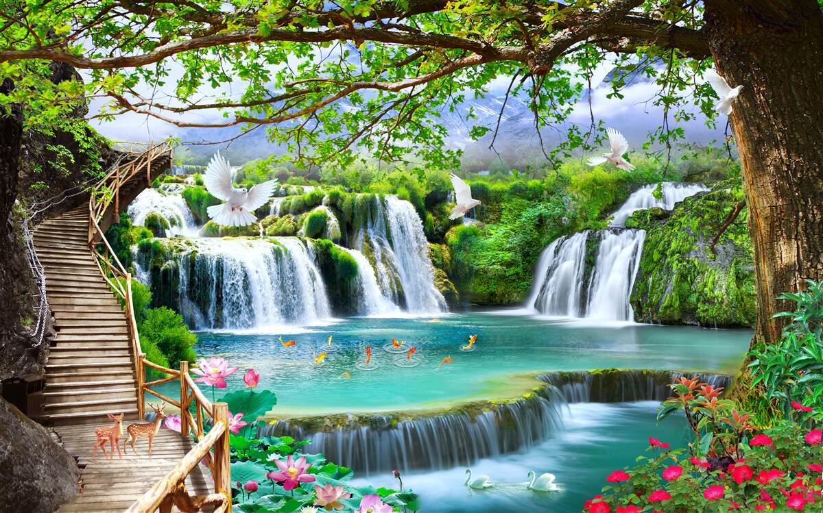 Carta da parati foto con cascate e vegetazione