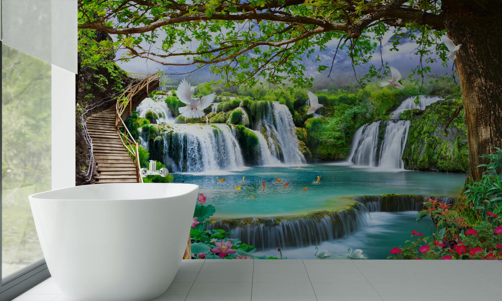 Carta da parati foto con cascate e vegetazione