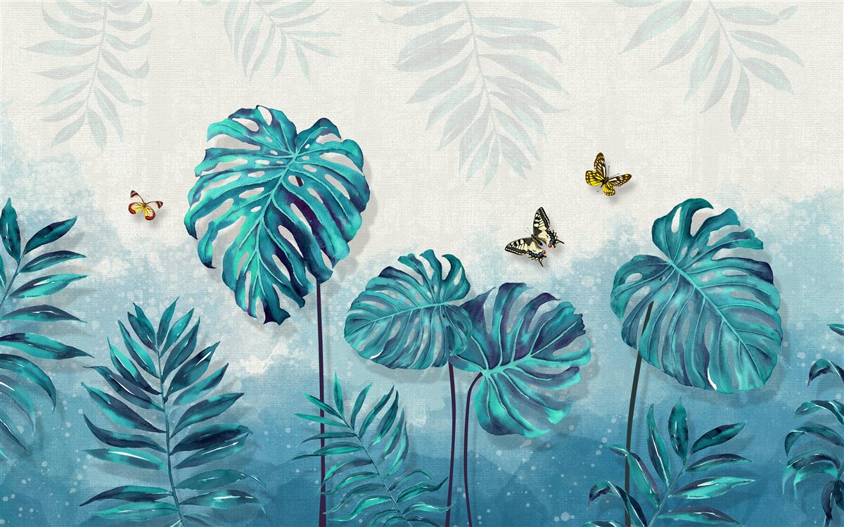 Carta da parati le foglie della monstera sono blu, decorate con farfalle
