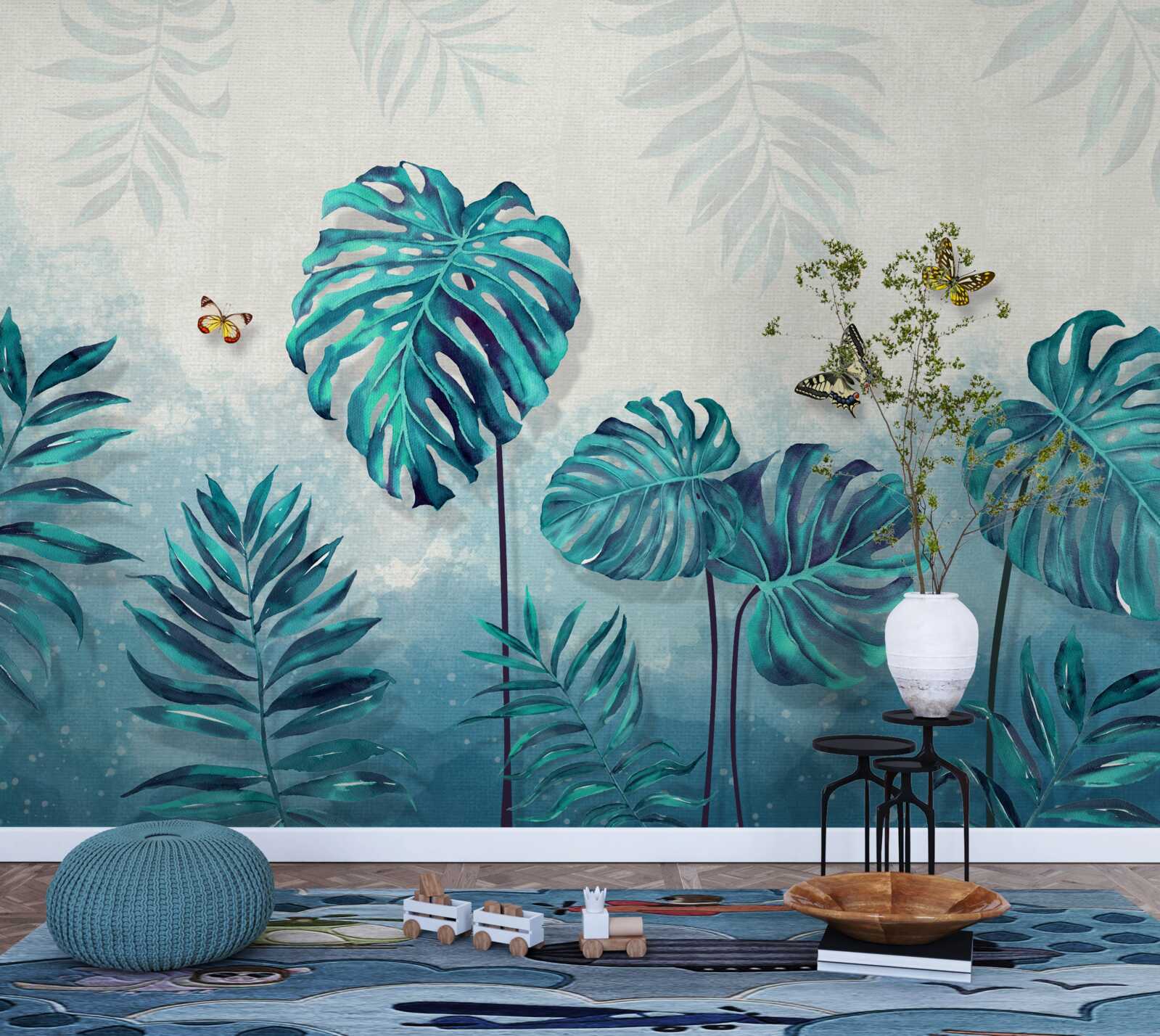 Carta da parati le foglie della monstera sono blu, decorate con farfalle