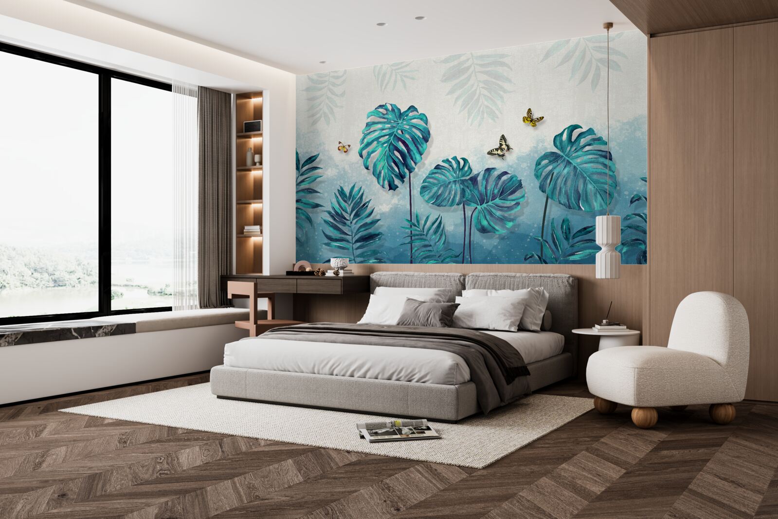 Carta da parati le foglie della monstera sono blu, decorate con farfalle