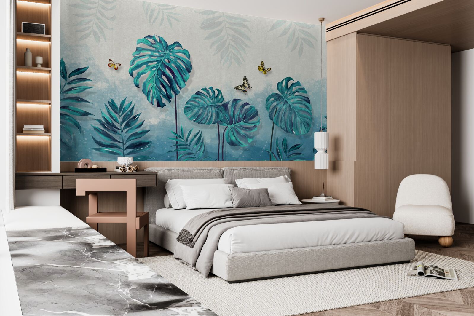 Carta da parati le foglie della monstera sono blu, decorate con farfalle