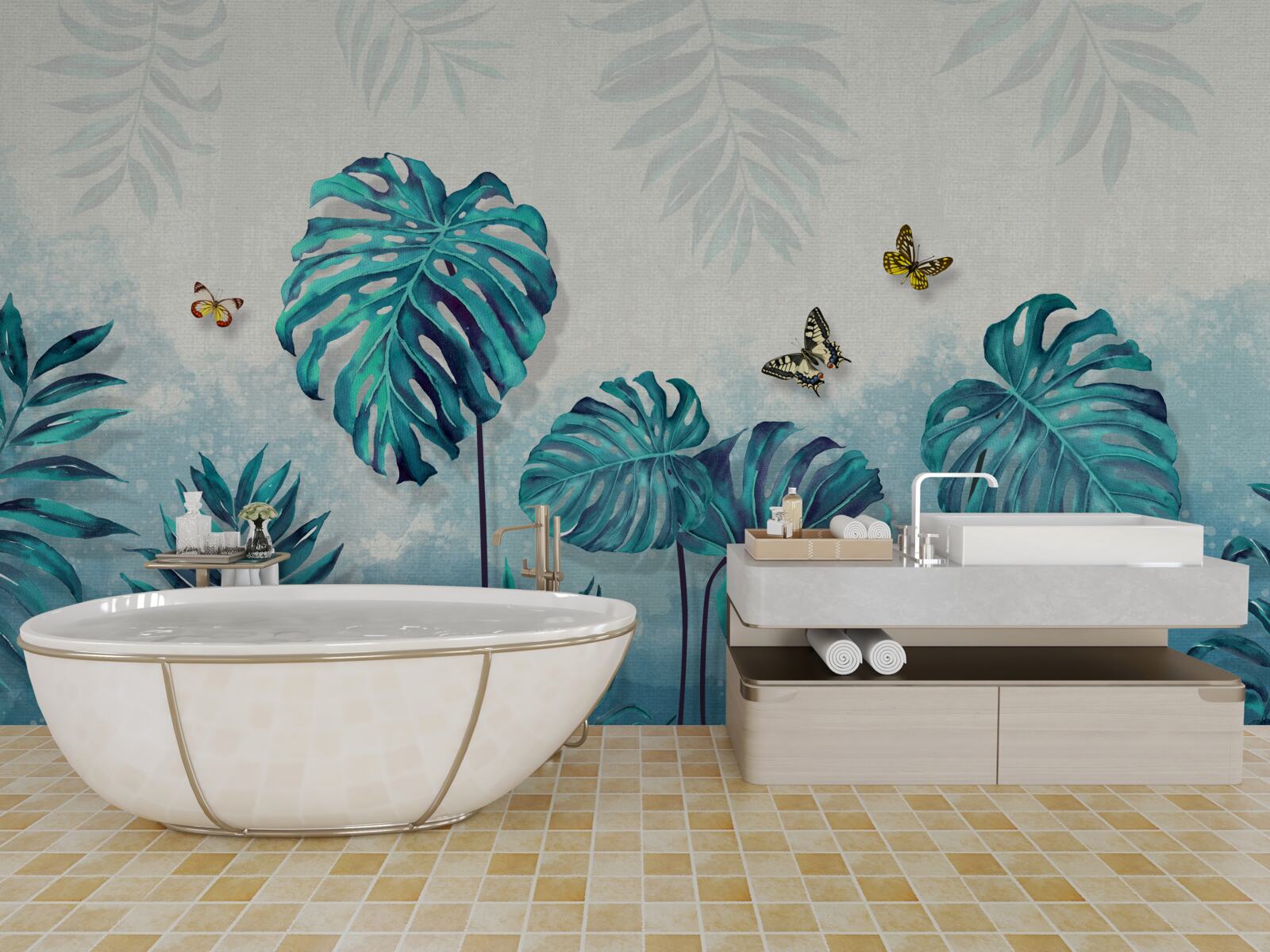 Carta da parati le foglie della monstera sono blu, decorate con farfalle