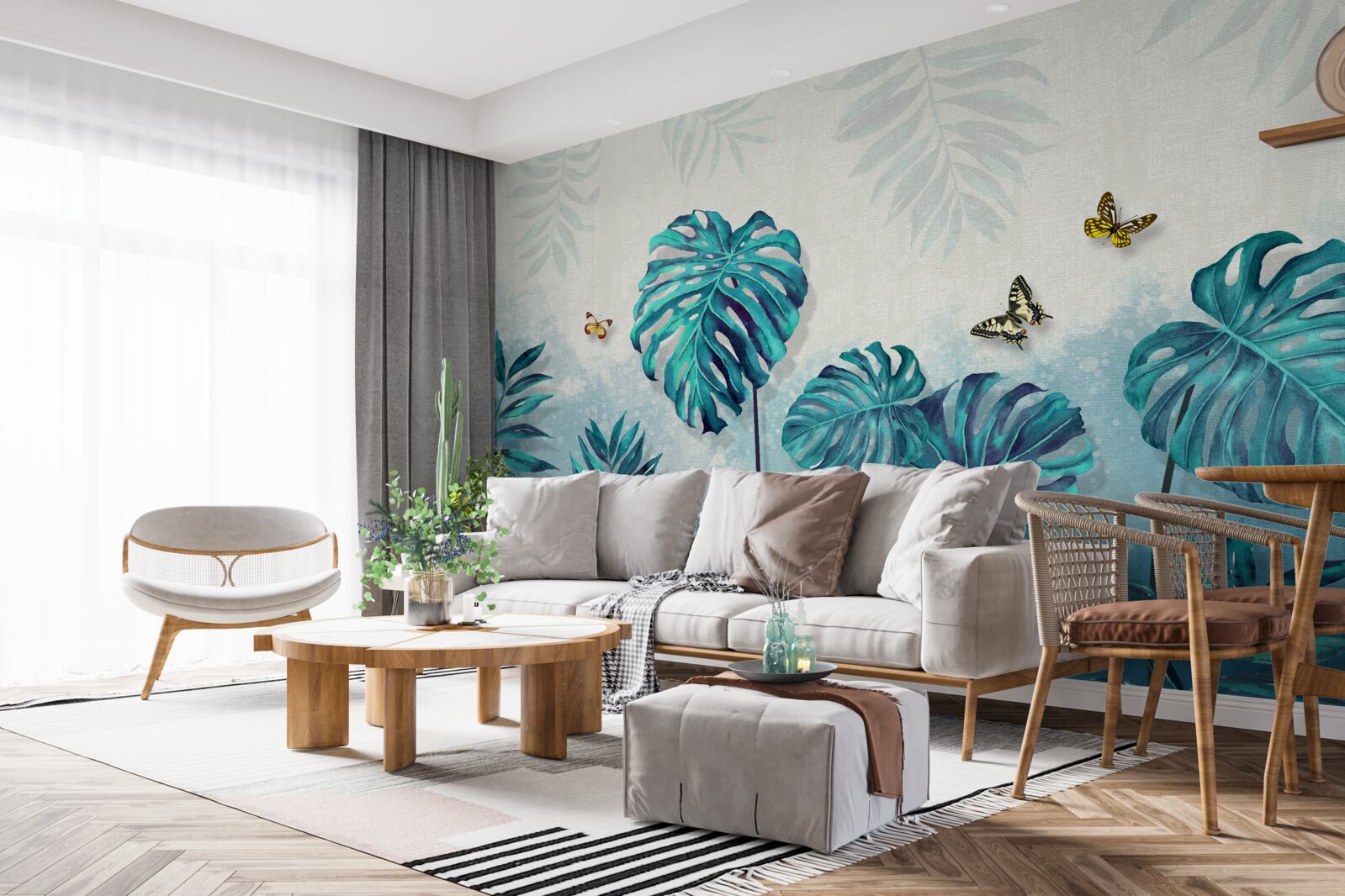 Carta da parati le foglie della monstera sono blu, decorate con farfalle