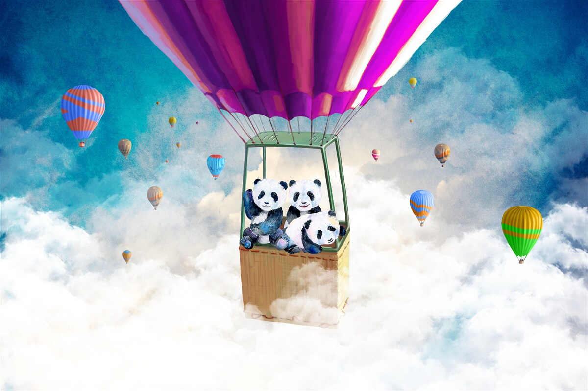 Carta da parati mongolfiera solleva in cielo un panda
