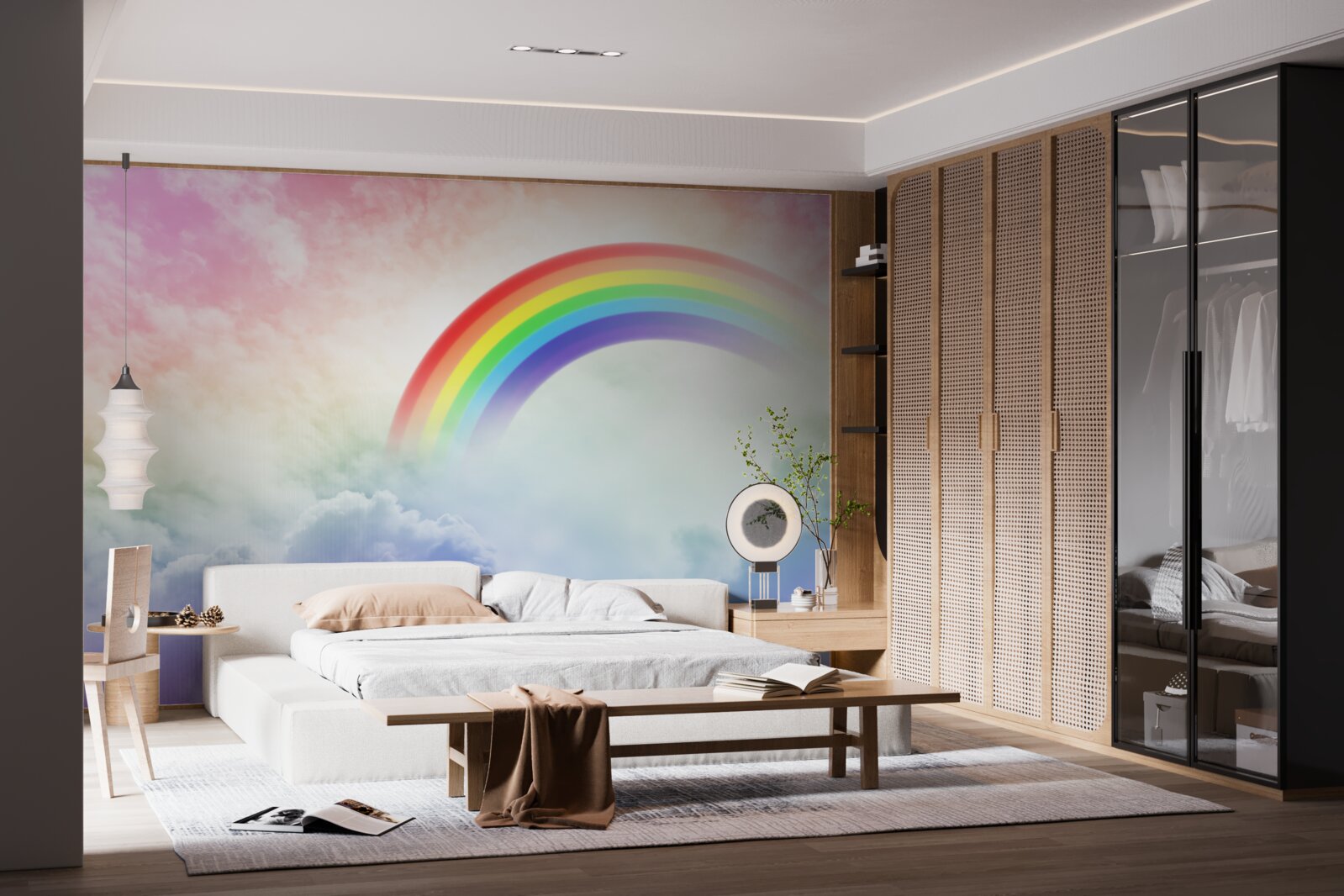 Carta da parati un arcobaleno colorato brilla sopra le nuvole
