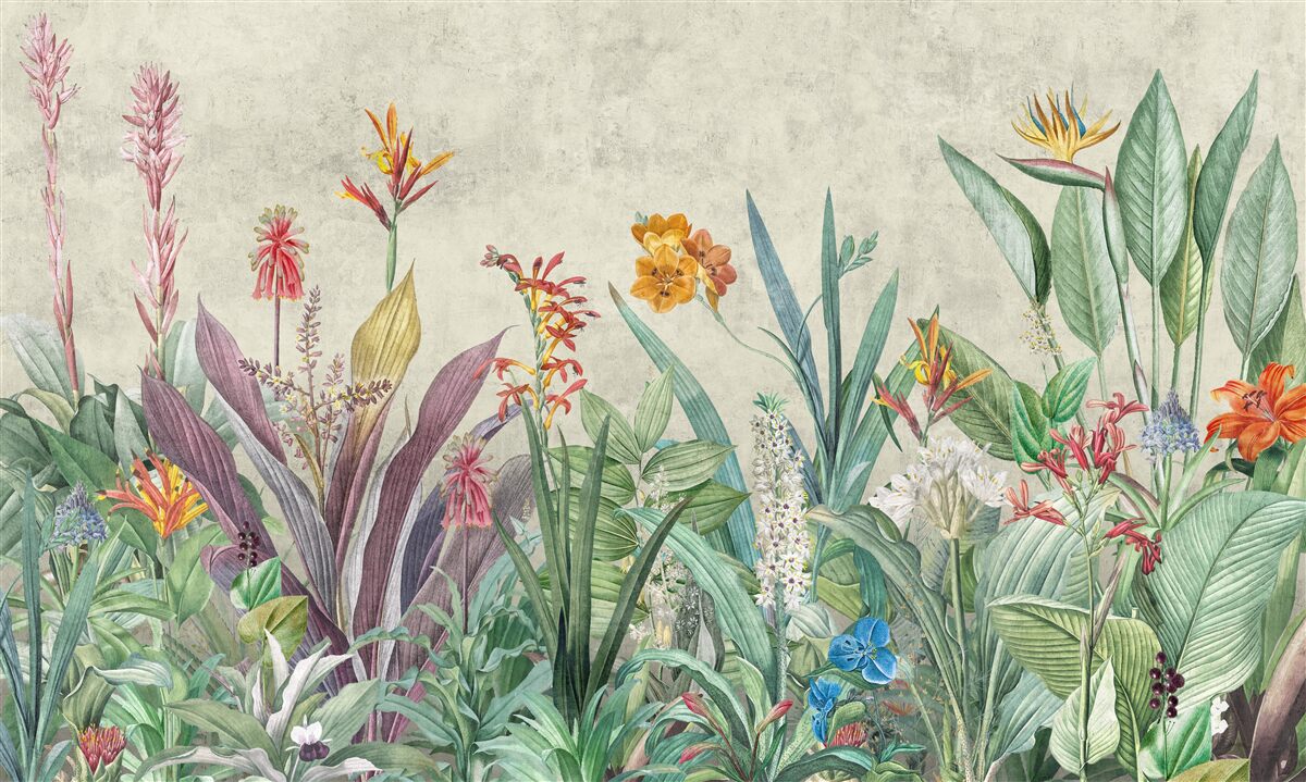 Carta da parati verde tropicale con fiori