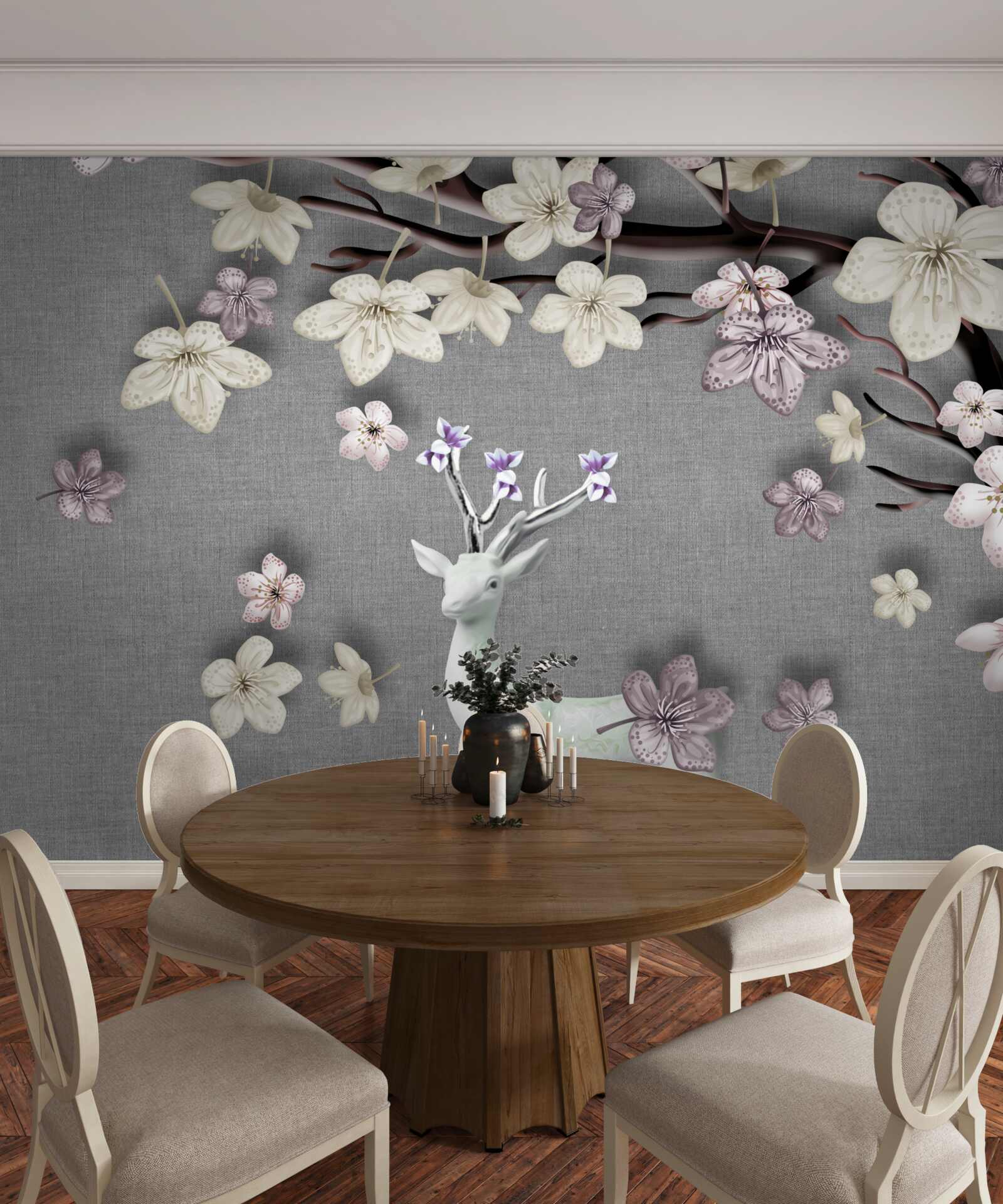 Carta da parati rami di magnolia in fiore e un cervo bianco