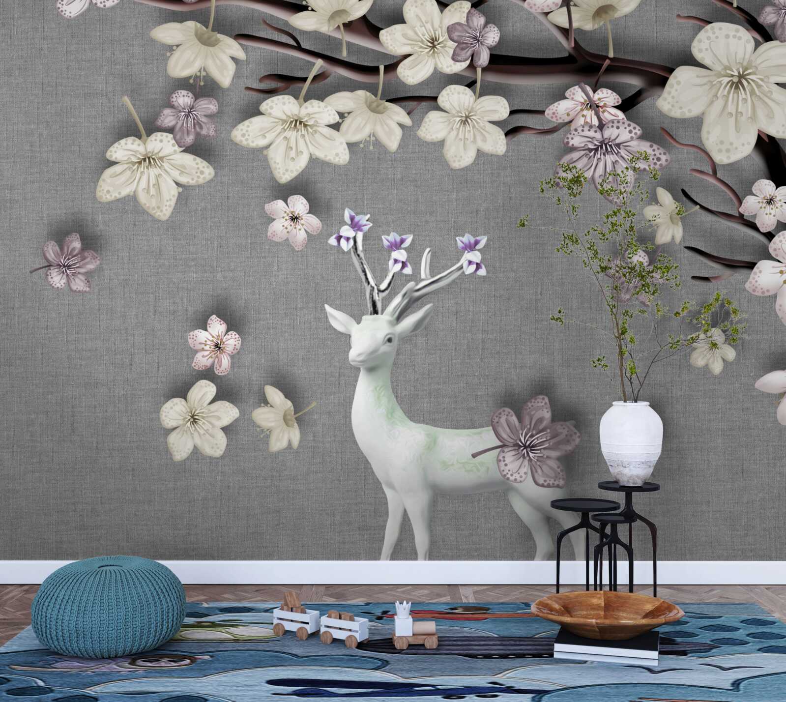 Carta da parati rami di magnolia in fiore e un cervo bianco