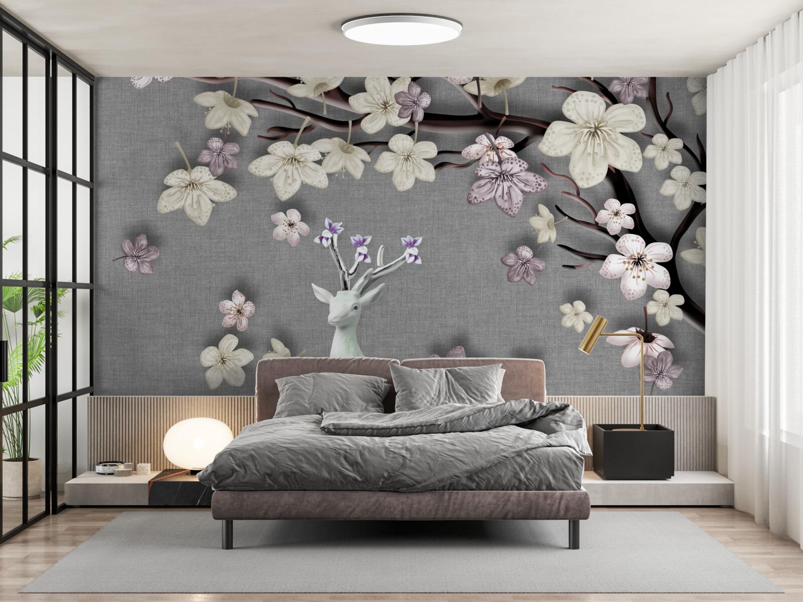 Carta da parati rami di magnolia in fiore e un cervo bianco