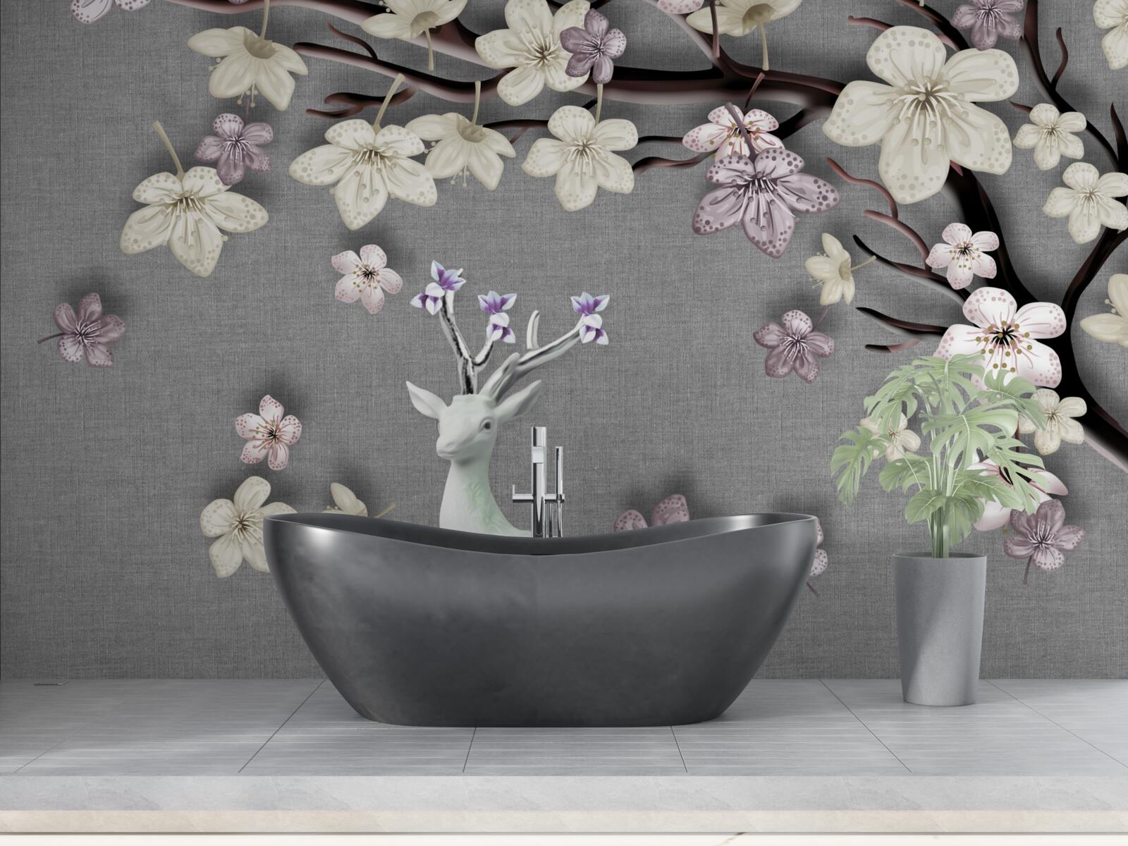 Carta da parati rami di magnolia in fiore e un cervo bianco