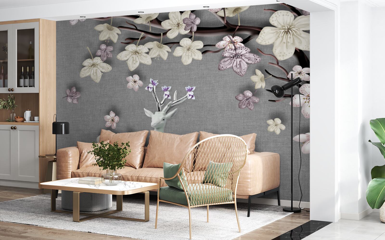 Carta da parati rami di magnolia in fiore e un cervo bianco