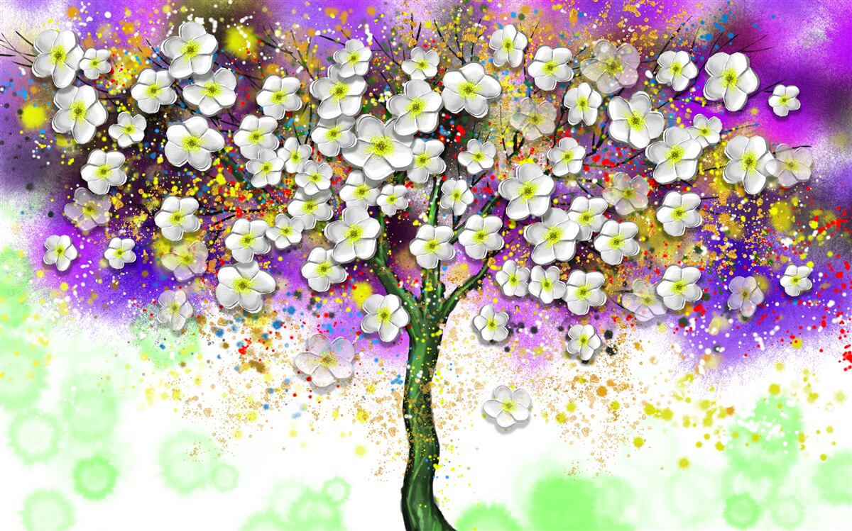 Carta da parati albero in fiore con fiori bianchi come la neve
