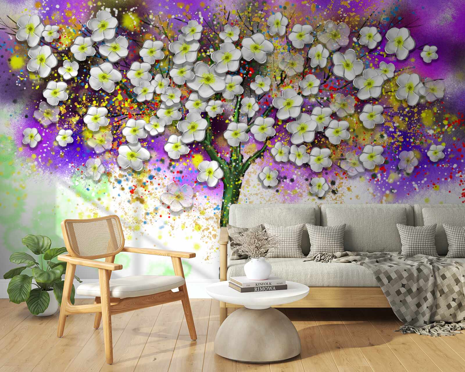 Carta da parati albero in fiore con fiori bianchi come la neve
