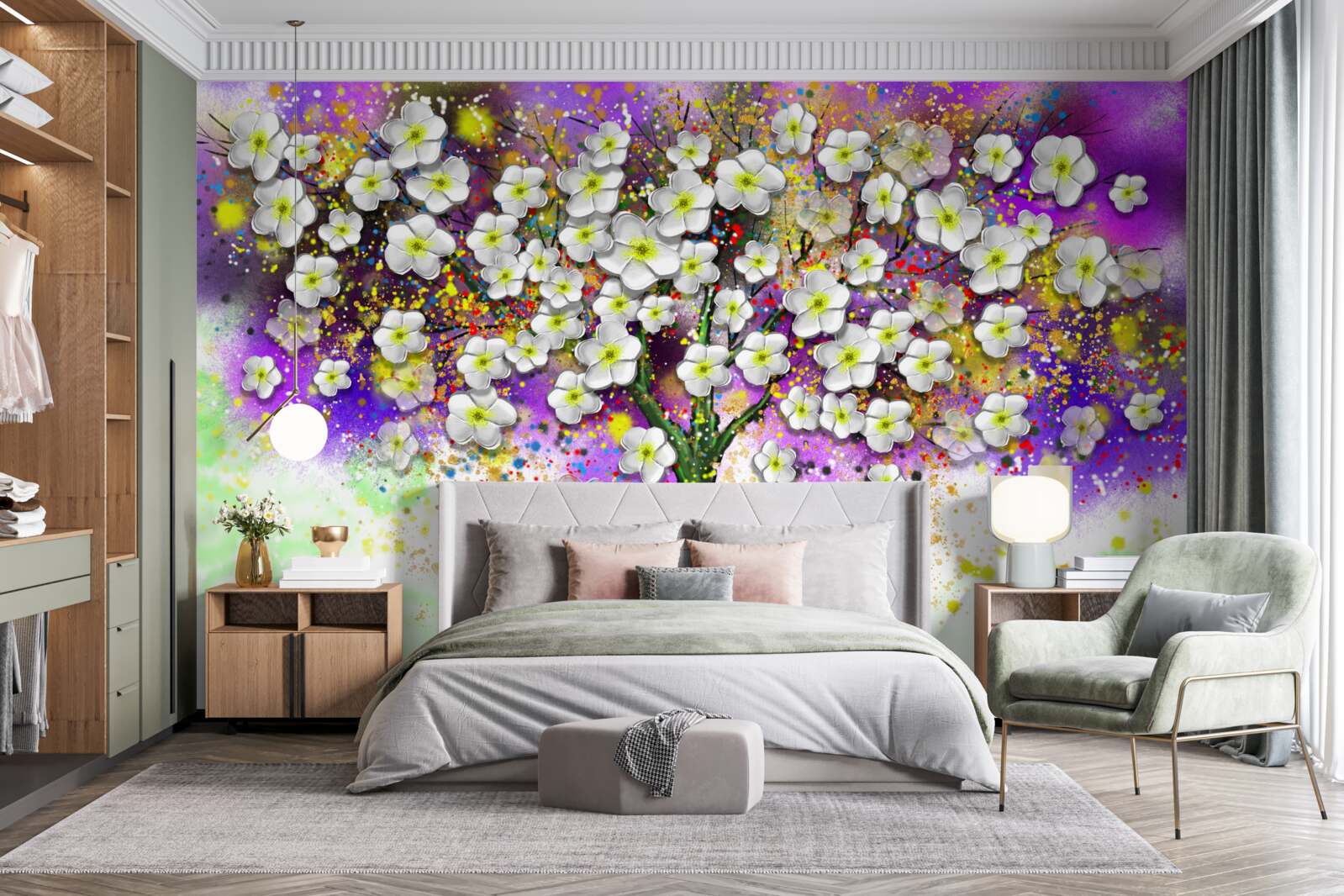 Carta da parati albero in fiore con fiori bianchi come la neve