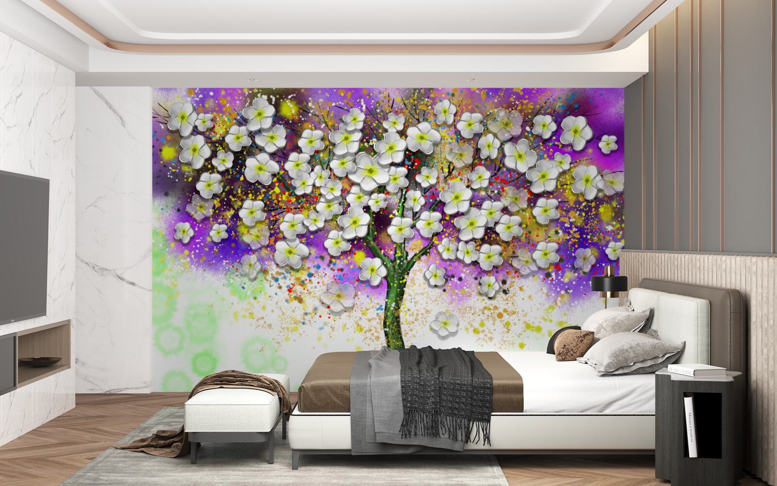 Carta da parati albero in fiore con fiori bianchi come la neve