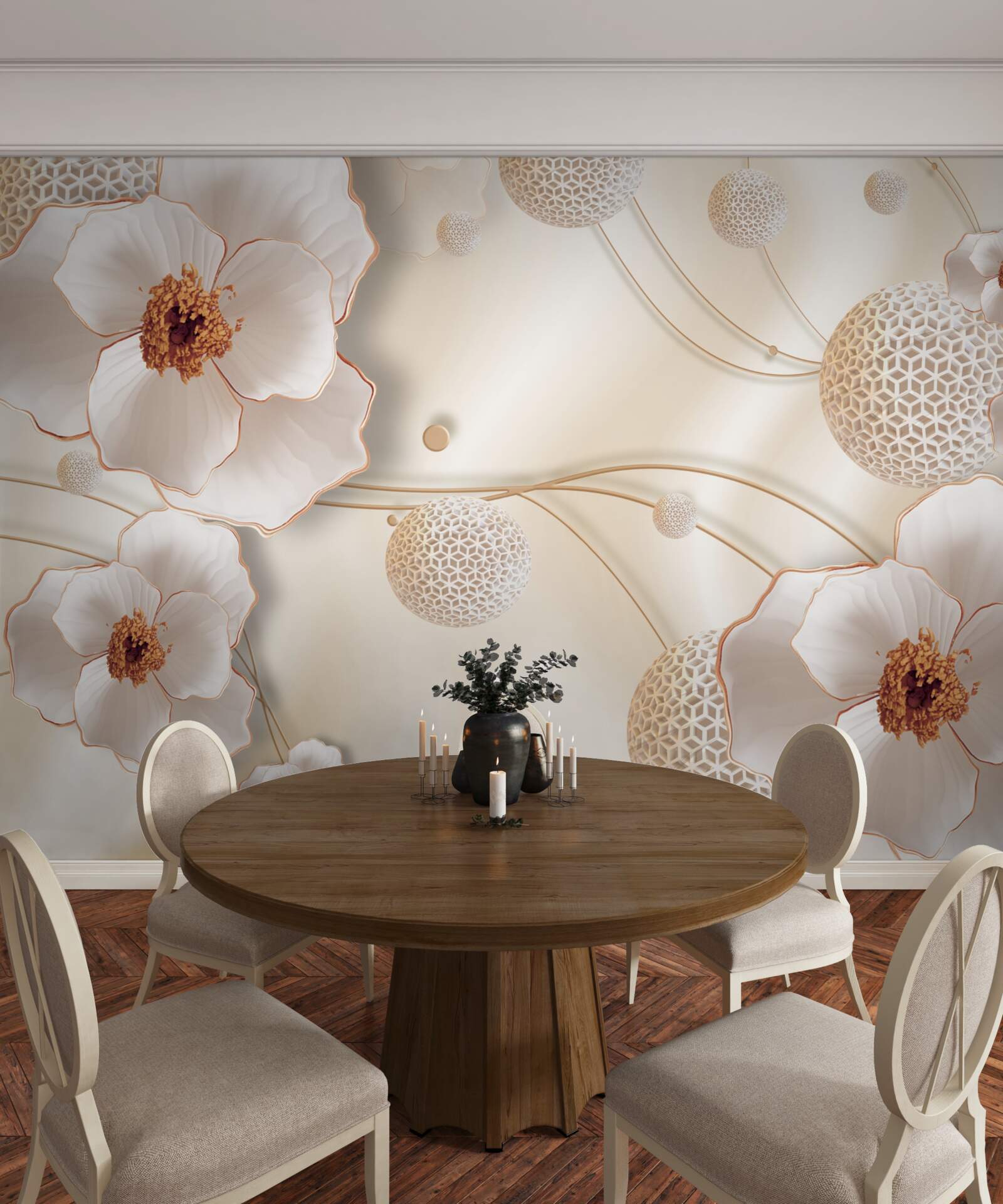 Carta da parati rami decorati con fiori bianchi dorati e cristalli scintillanti