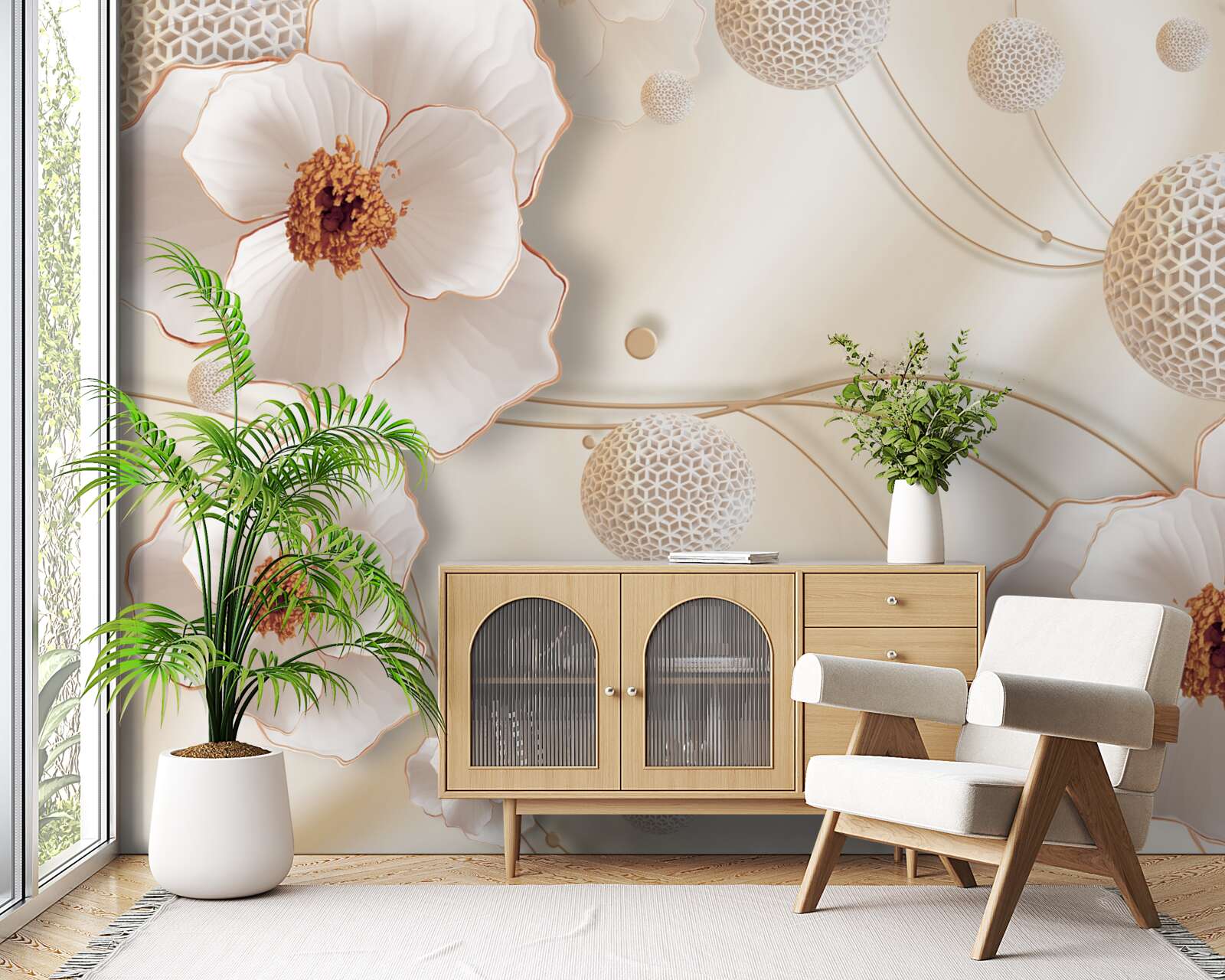 Carta da parati rami decorati con fiori bianchi dorati e cristalli scintillanti