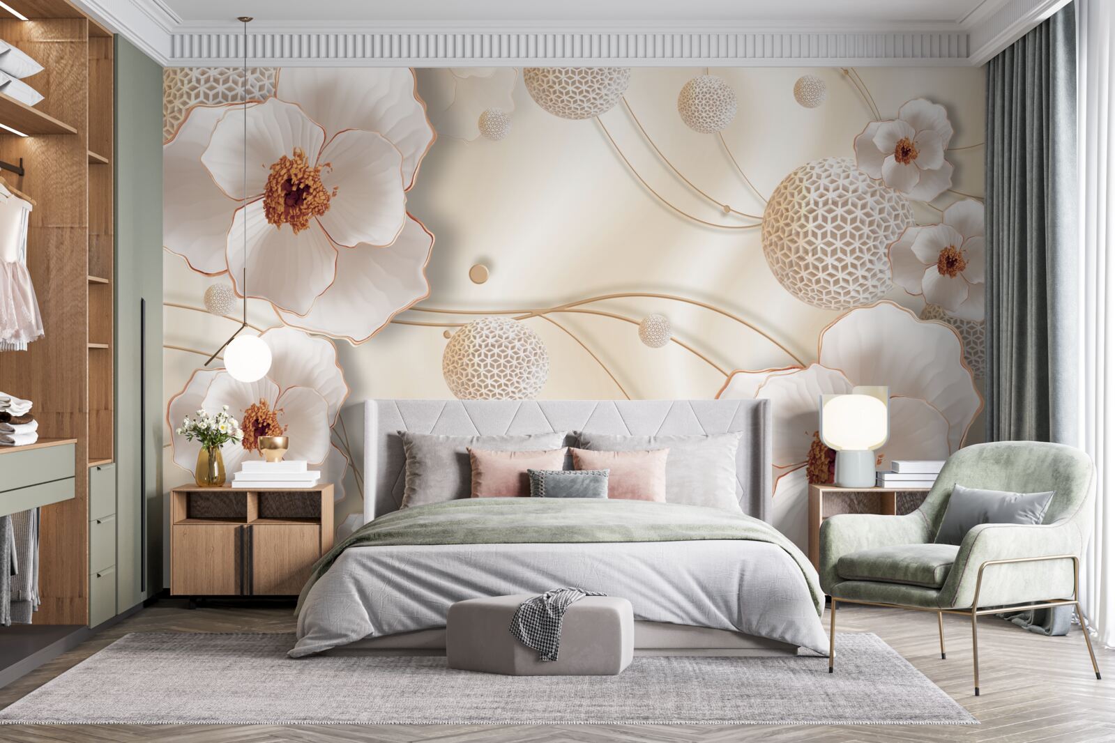 Carta da parati rami decorati con fiori bianchi dorati e cristalli scintillanti
