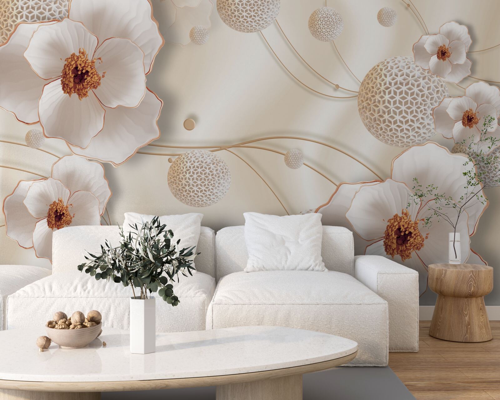 Carta da parati rami decorati con fiori bianchi dorati e cristalli scintillanti