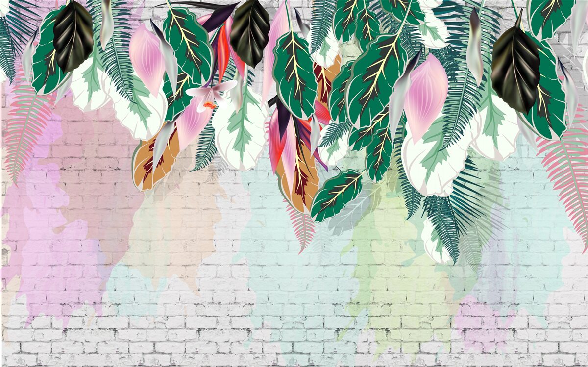 Carta da parati foglie tropicali su sfondo rosa