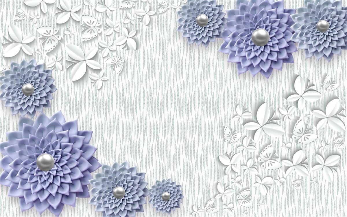 Carta da parati tessuto blu con fiori e farfalle