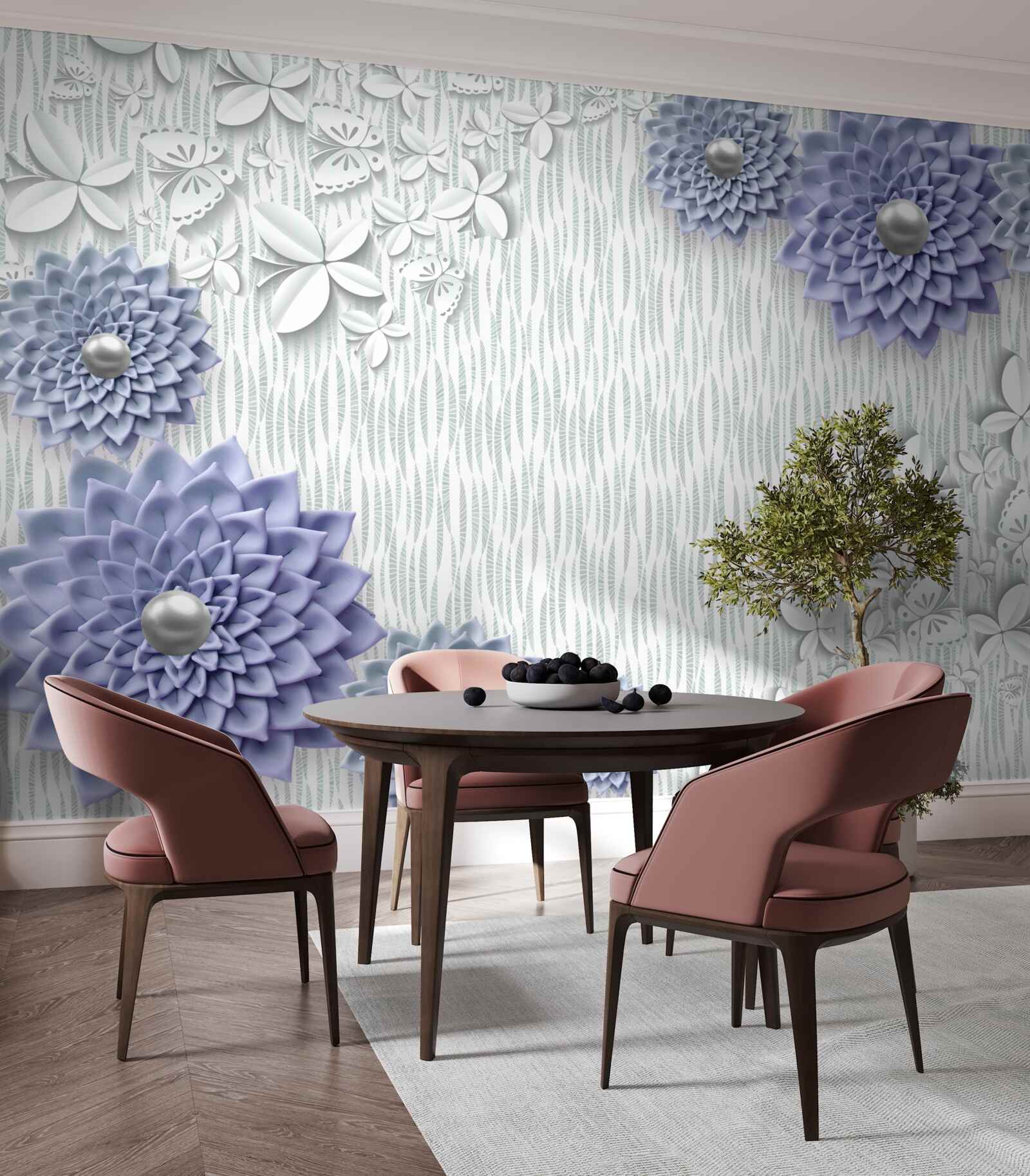 Carta da parati tessuto blu con fiori e farfalle