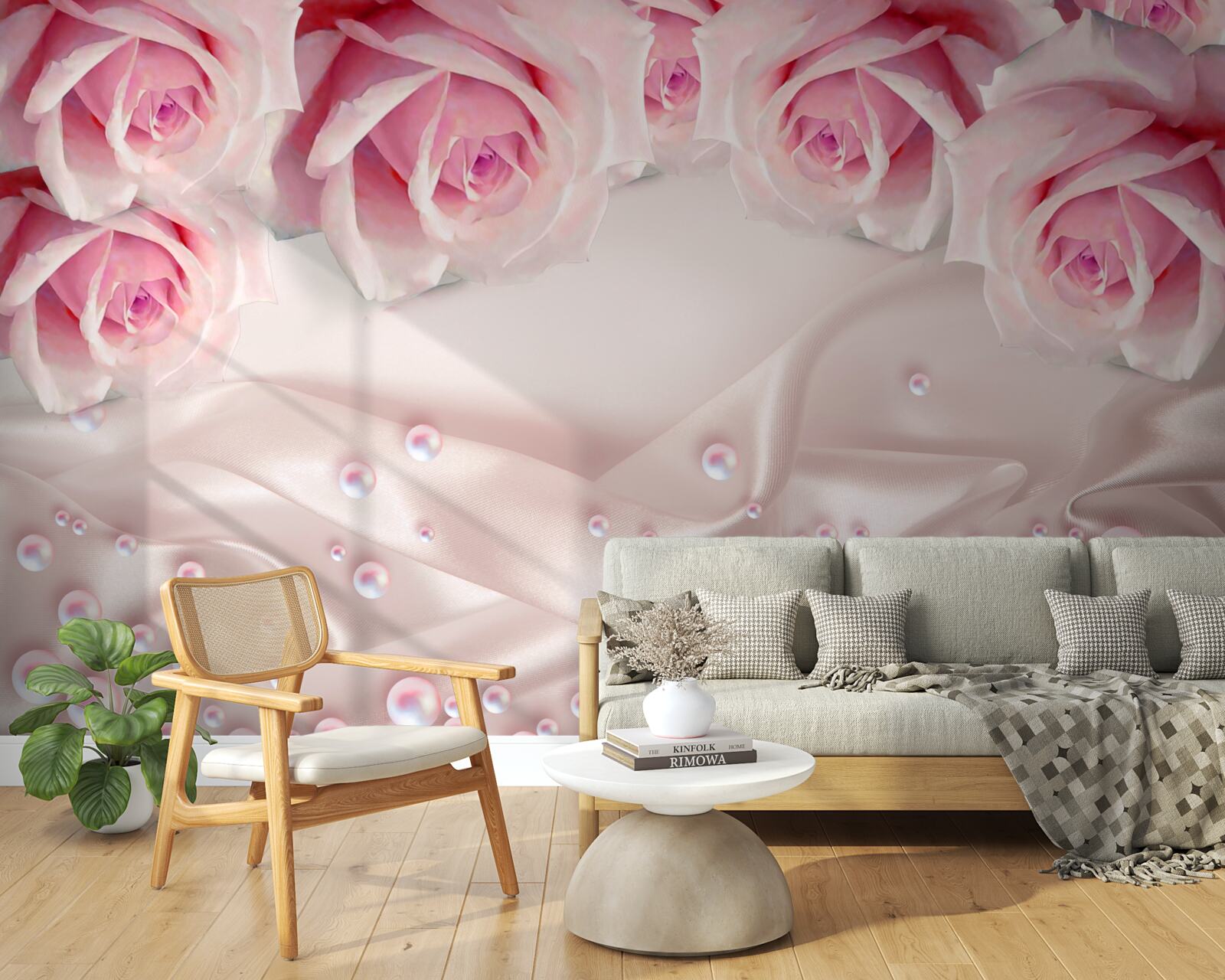 Carta da parati complesso set di perline e rose rosa in seta