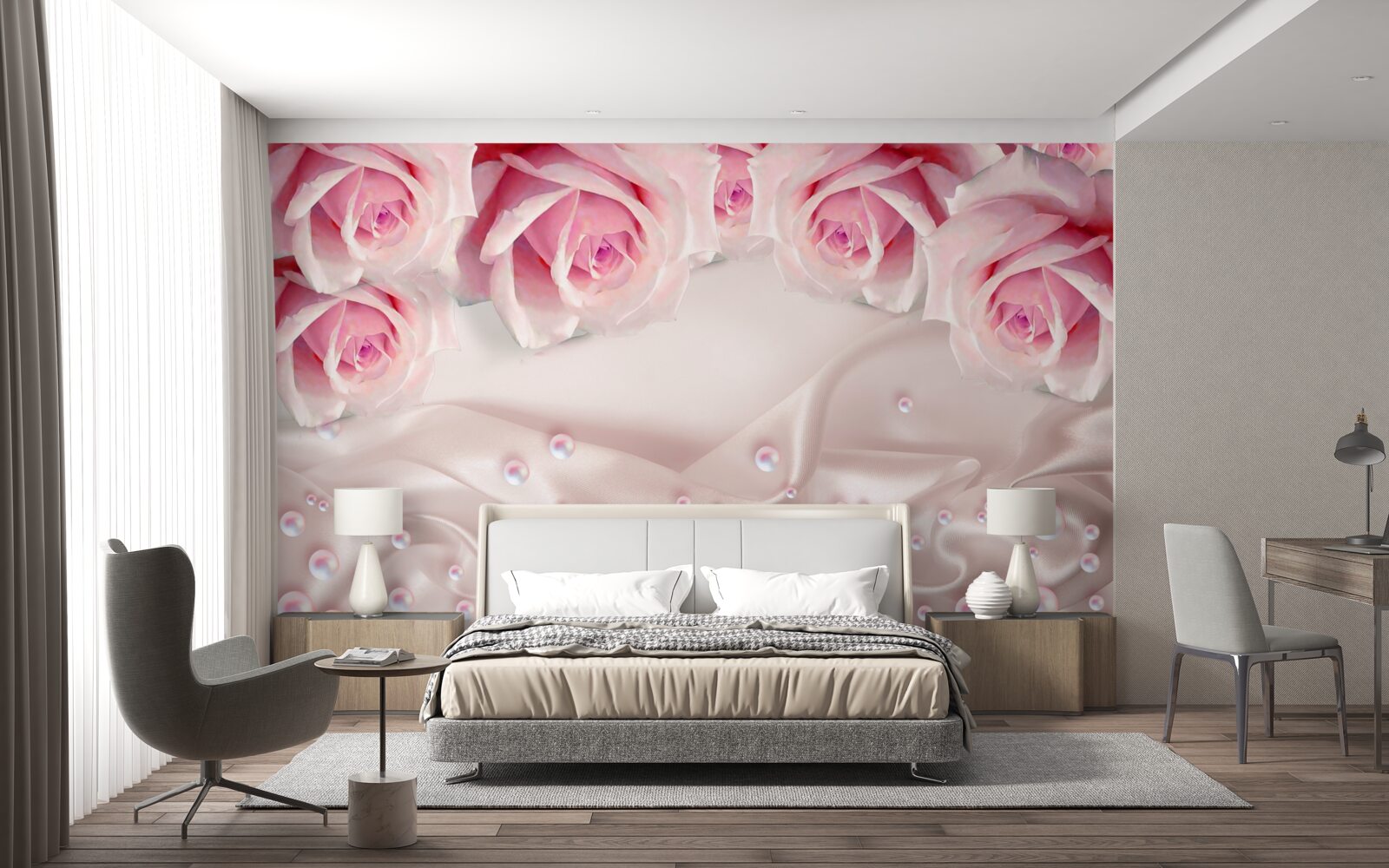 Carta da parati complesso set di perline e rose rosa in seta