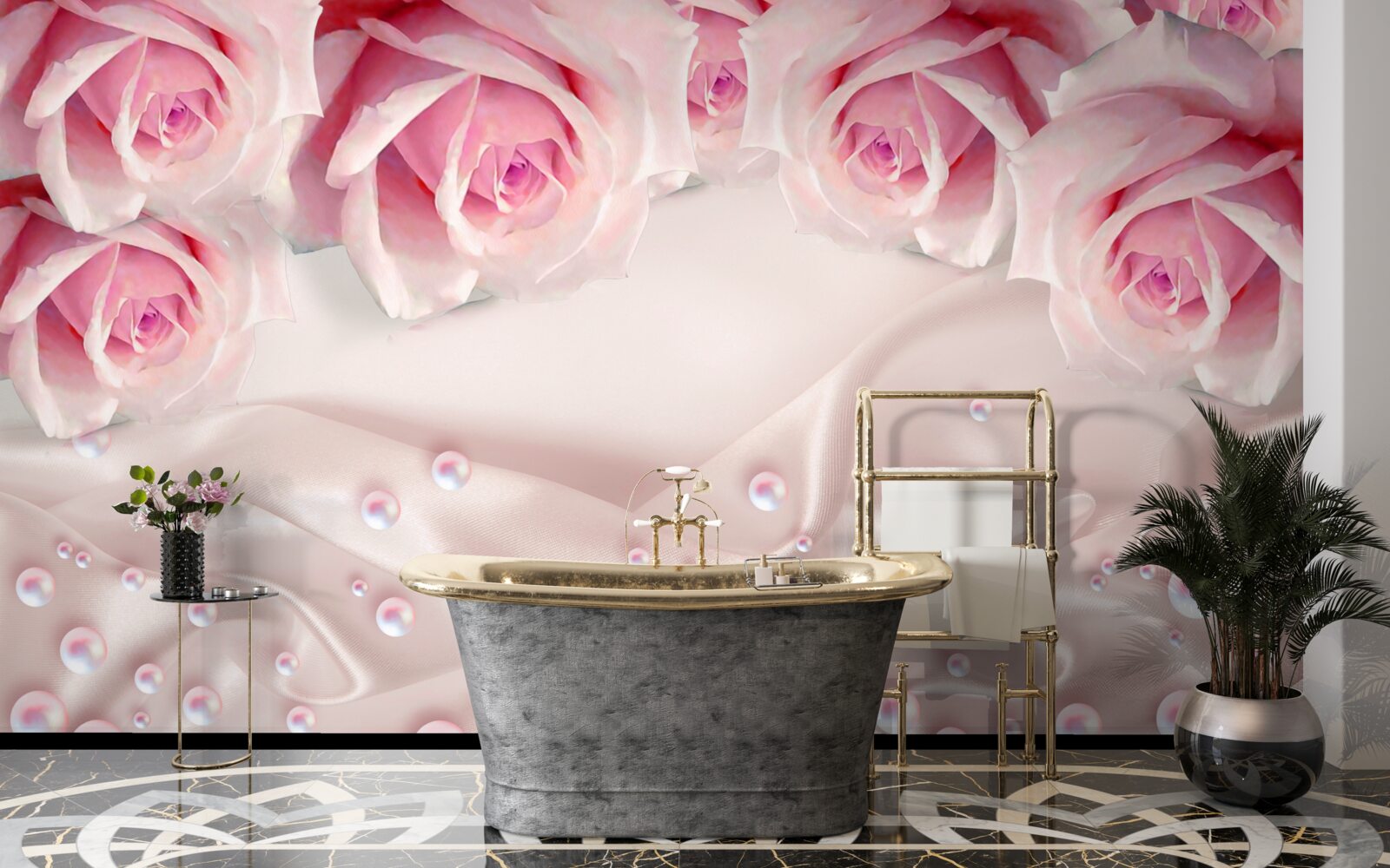 Carta da parati complesso set di perline e rose rosa in seta