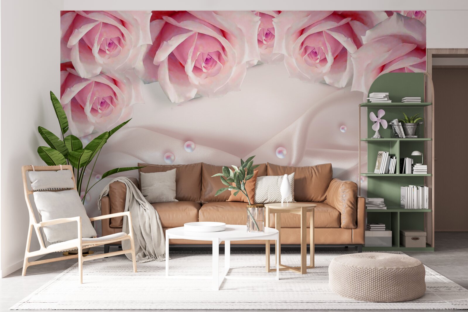 Carta da parati complesso set di perline e rose rosa in seta