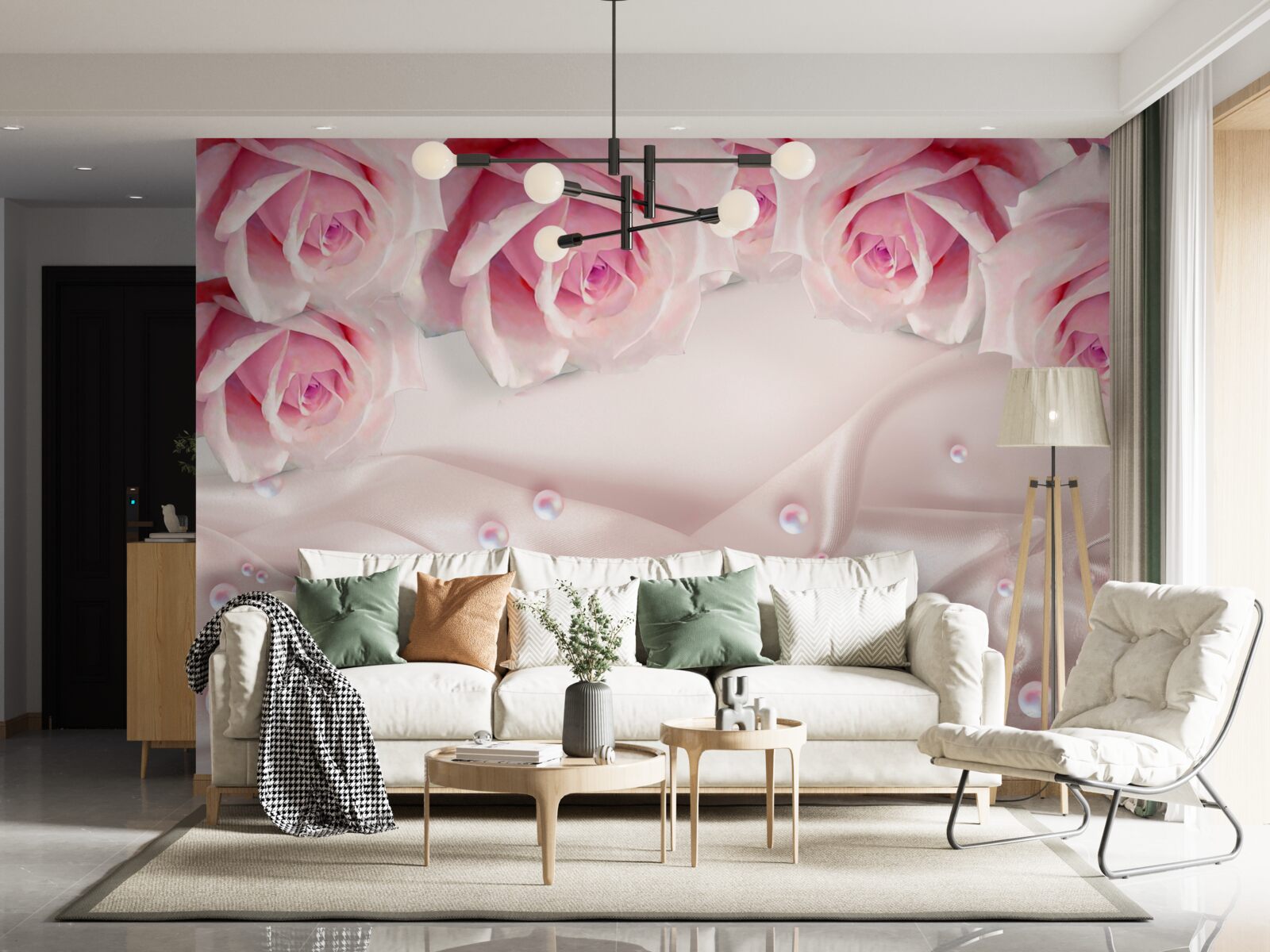 Carta da parati complesso set di perline e rose rosa in seta