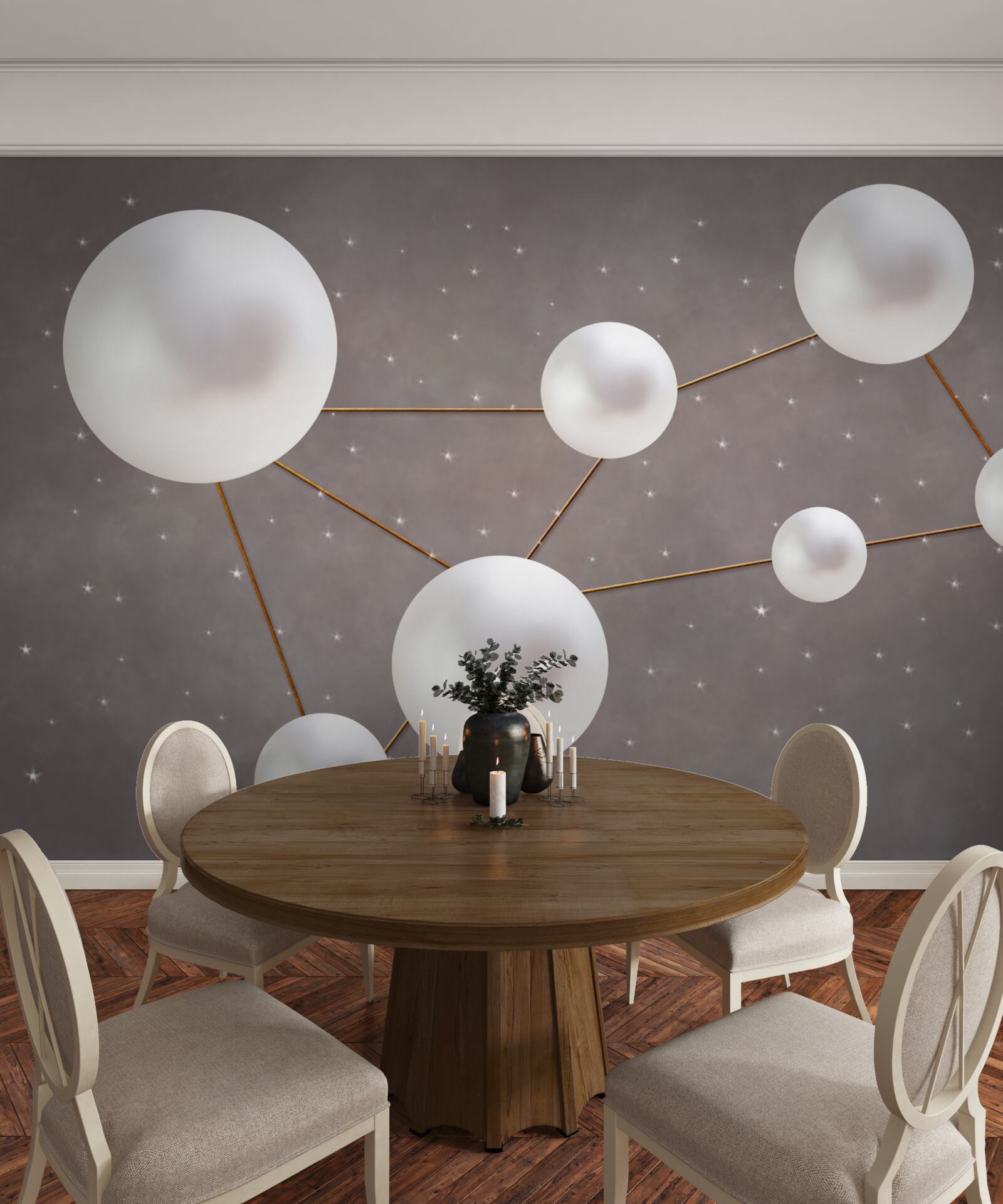 Carta da parati palline bianche decorate con linee dorate sono sparse su uno sfondo grigio