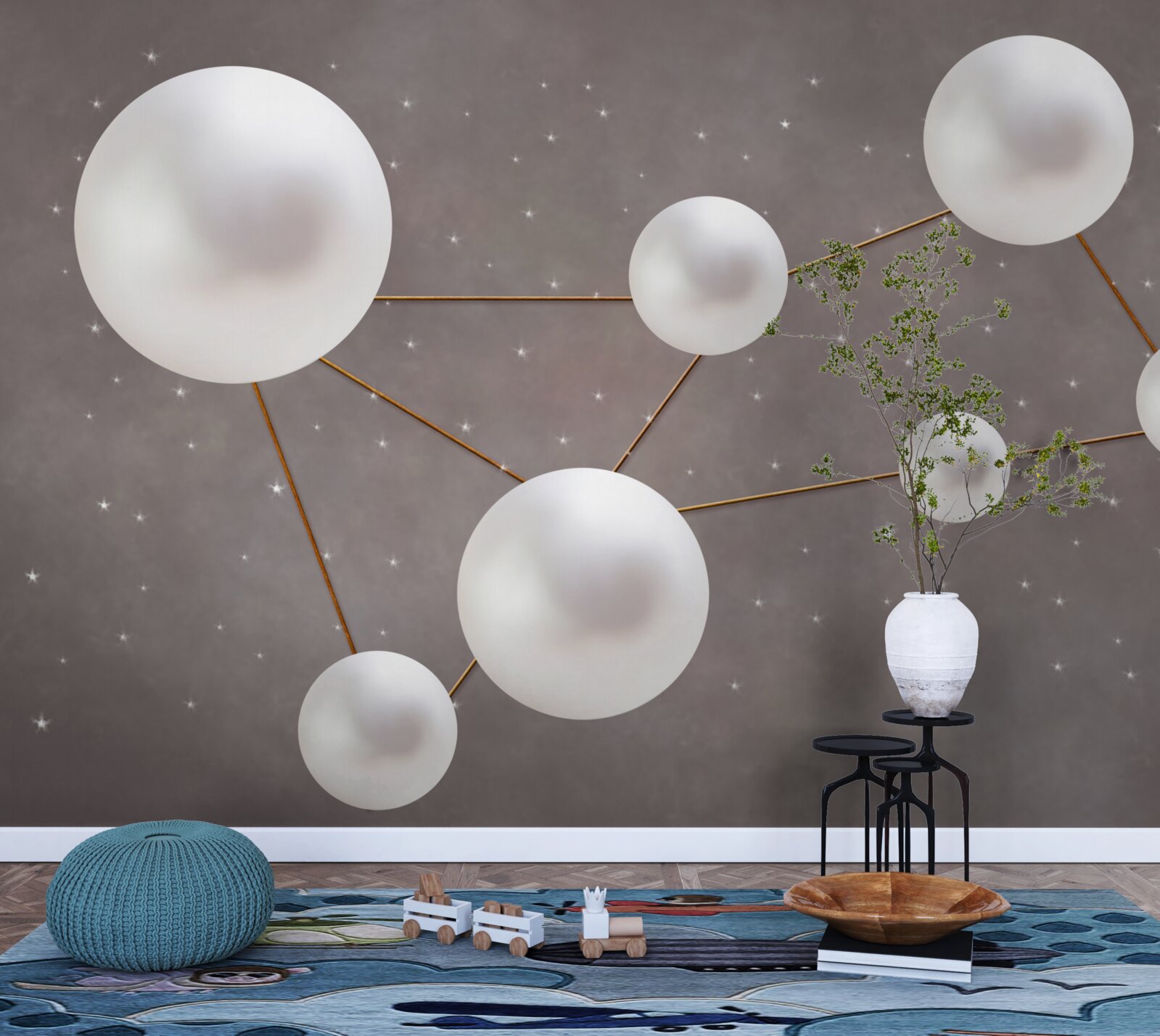 Carta da parati palline bianche decorate con linee dorate sono sparse su uno sfondo grigio