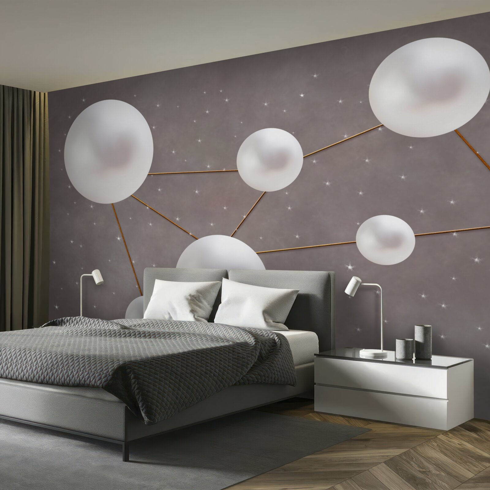 Carta da parati palline bianche decorate con linee dorate sono sparse su uno sfondo grigio