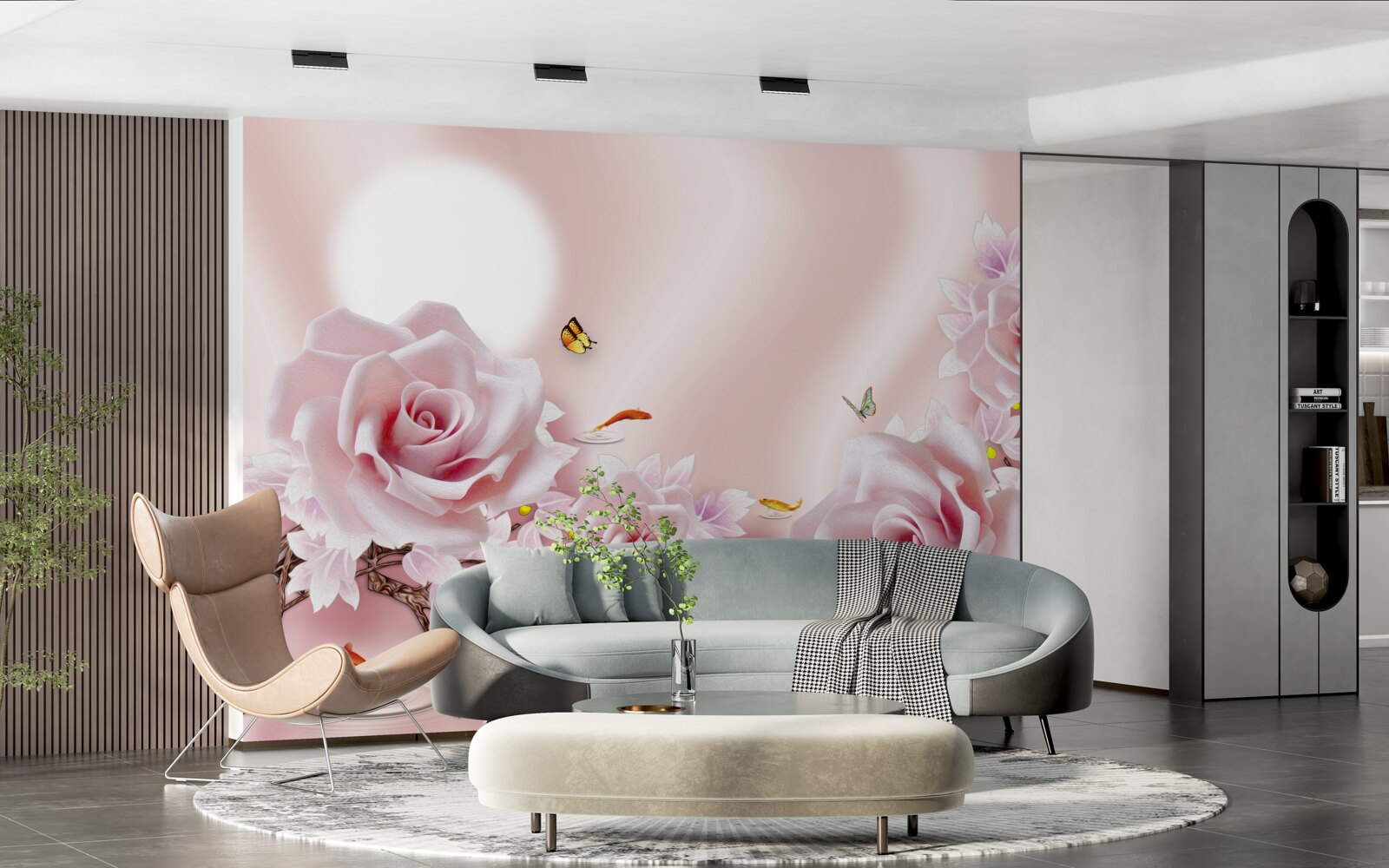 Carta da parati insieme di boccioli rosa su sfondo rosa seta