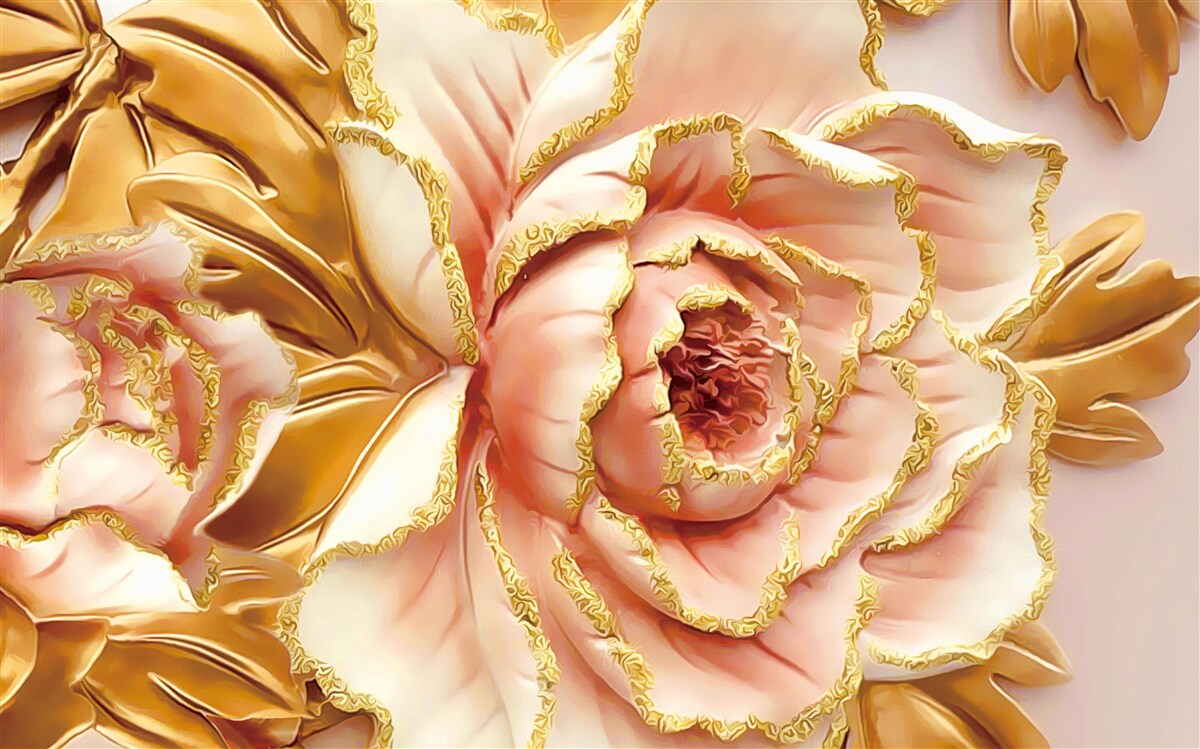 Carta da parati peonia fiorita con foglie dorate